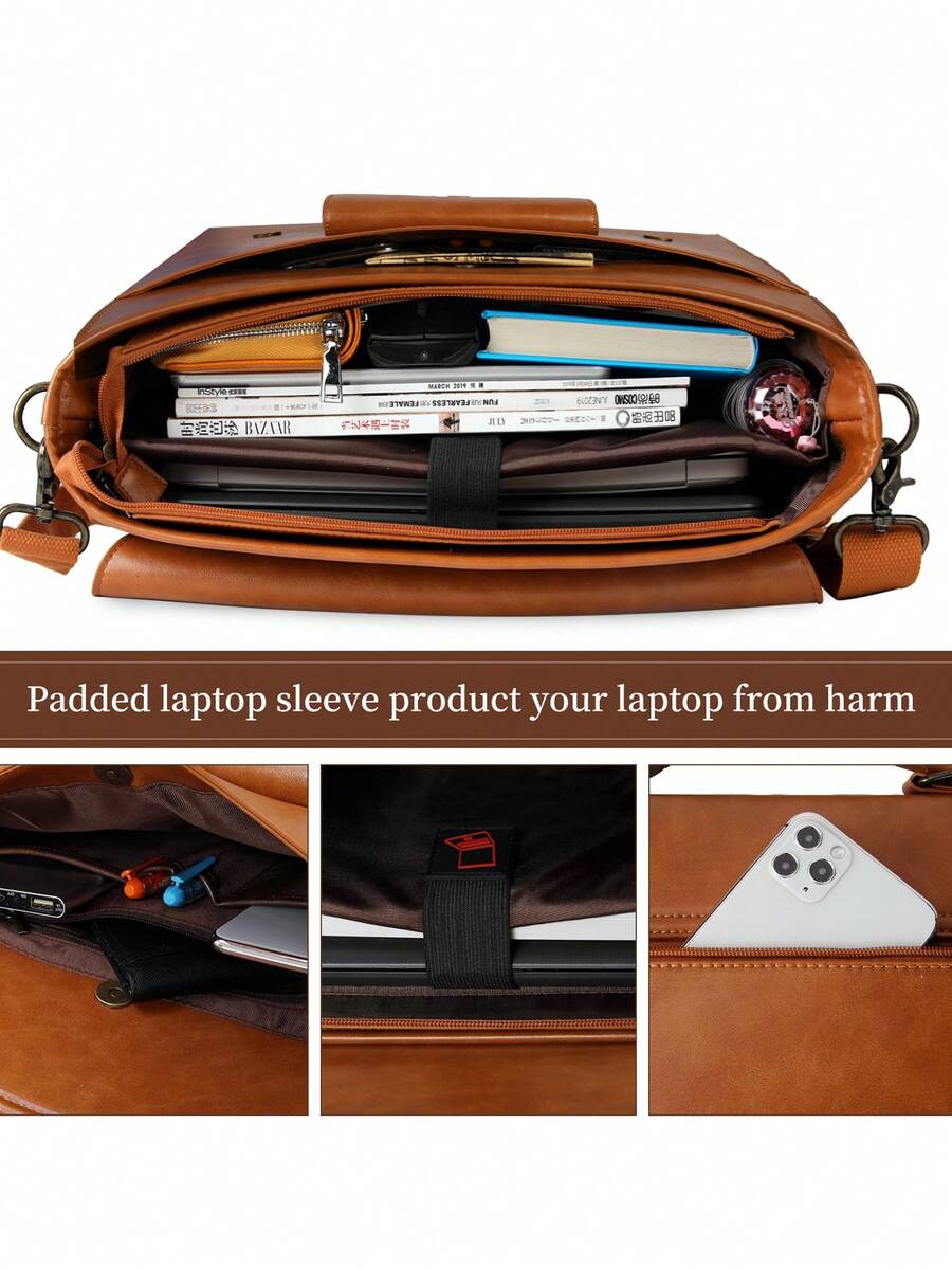 Men's NEWHEY Messenger Bag 15.6 Inch Waterproof Vintage Leather Laptop Briefcase Large Capacity Office Travel Satchel Shoulder Gift