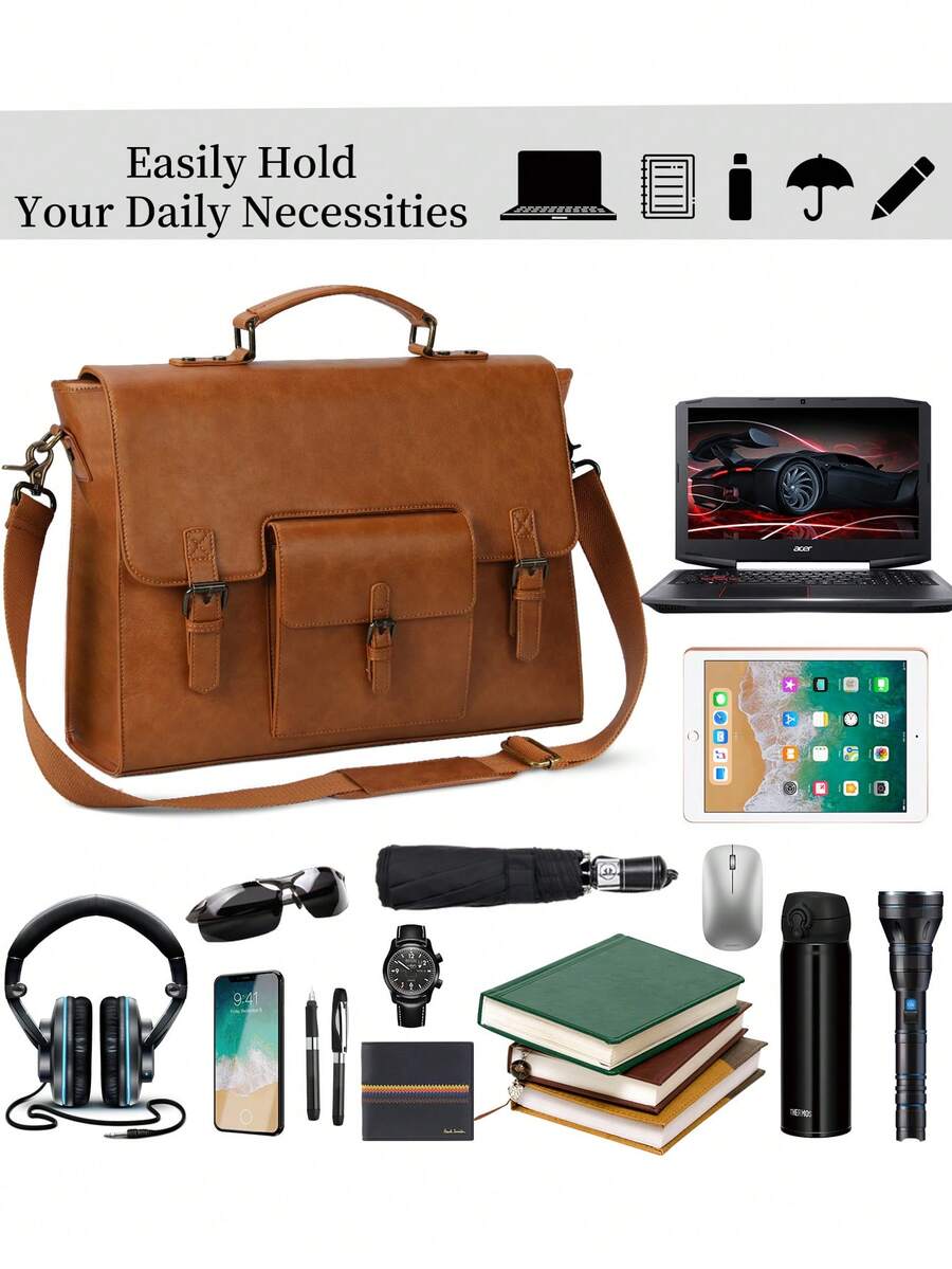 Men's NEWHEY Messenger Bag 15.6 Inch Waterproof Vintage Leather Laptop Briefcase Large Capacity Office Travel Satchel Shoulder Gift