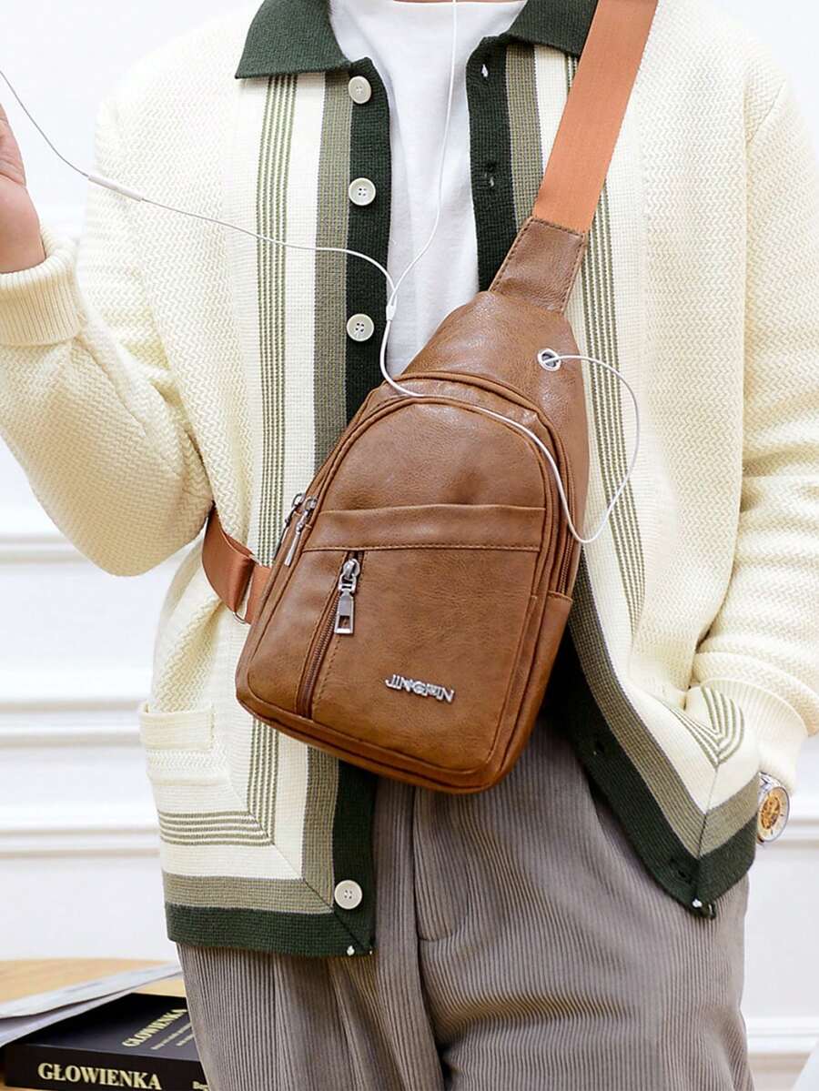 Men's Vintage Fanny Pack Waist Bag With Headphone Jack Adjustable Strap Multi Pocket Casual Crossbody Chest Bag Hiking Cycling Travel