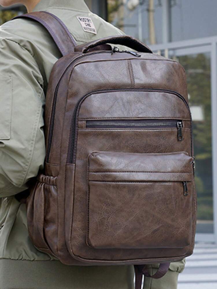 Men's Retro Oil Wax Leather Backpack Vintage Texture Brown Large Capacity Casual Travel Bag Multi Pocket Outdoor Business School Satchel