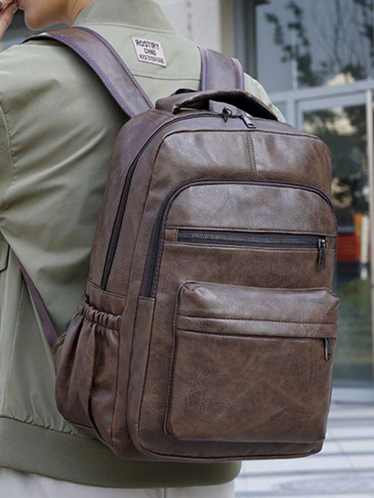 Men's Retro Oil Wax Leather Backpack Vintage Texture Brown Large Capacity Casual Travel Bag Multi Pocket Outdoor Business School Satchel