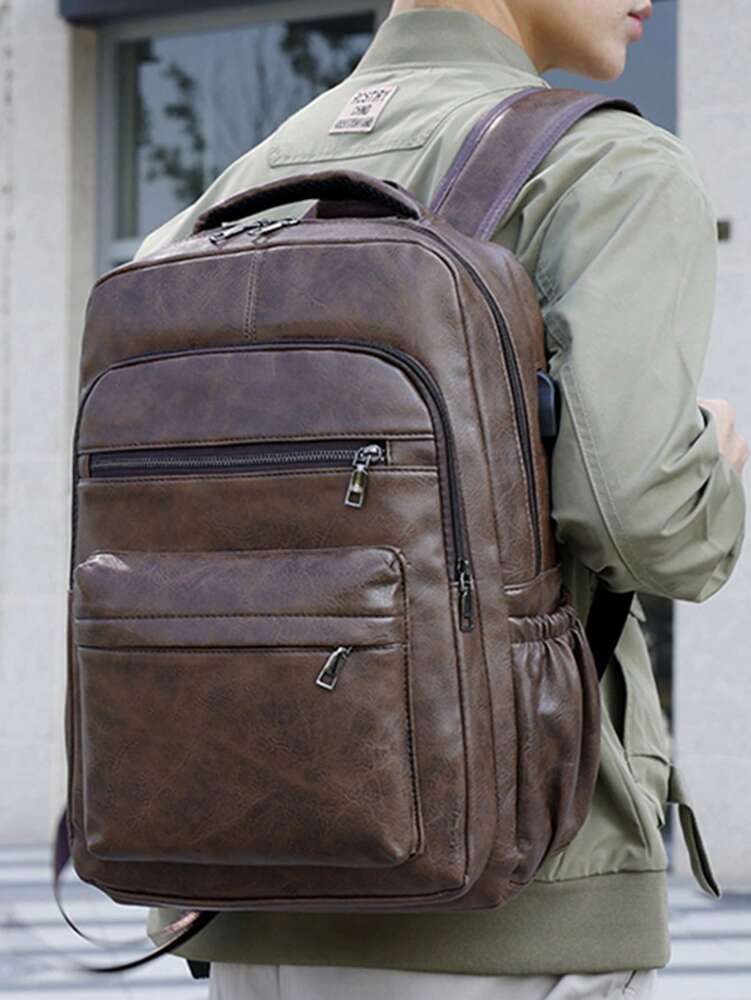 Men's Retro Oil Wax Leather Backpack Vintage Texture Brown Large Capacity Casual Travel Bag Multi Pocket Outdoor Business School Satchel
