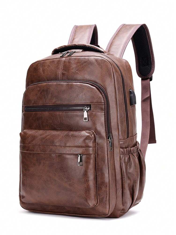 Men's Retro Oil Wax Leather Backpack Vintage Texture Brown Large Capacity Casual Travel Bag Multi Pocket Outdoor Business School Satchel