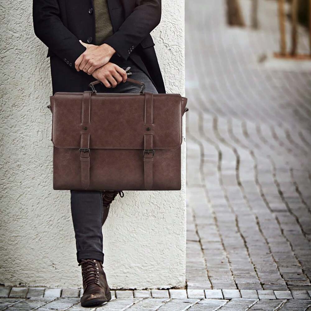 Men's Messenger Bag Briefcase 15.6 Inch Waterproof Leather Laptop Satchel Shoulder Bag Business School Travel Notebook Office Bag
